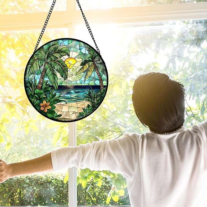 Stained Glass Window Hanging, Green Beach Scenery Suncatcher Diamond Glass Panel Hangings Sun Catchers Decor for Birthday for Women, Men, Wife, Aunt, and Mom 11.8x11.8 in