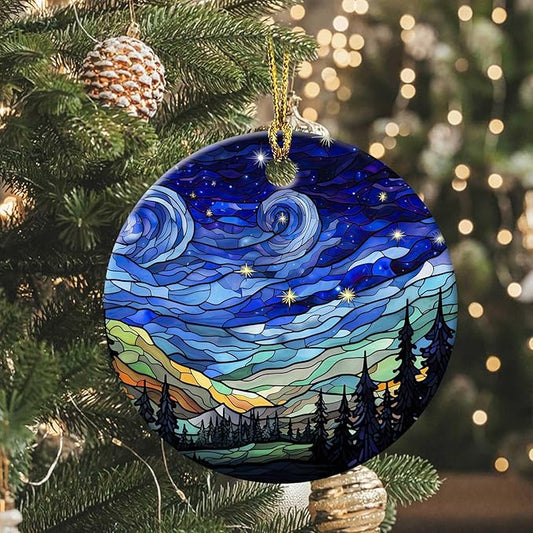 Starry Night Ornament Round Ceramic Ornament Xmas Keepsake for Christmas Tree Winter Holiday Xmas Gift for Women Men Xmas Hanging Ornament 3" #1