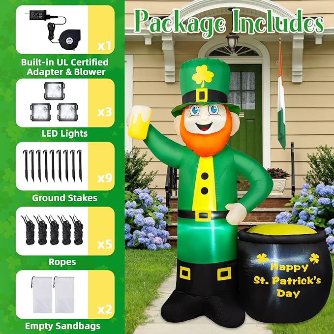 6FT St Patricks Day Inflatables Outdoor Decorations, Leprechaun Inflatable Holds Beer Cup with Pot of Gold Built-in LED Lights, St Patricks Day Decorations for Party Holiday Yard Garden Decor