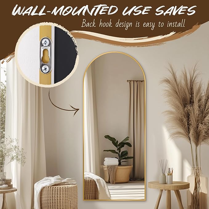 Full Length Mirror, 58"x21" Arch Floor Mirror, Floor Standing Freestanding Full Body Mirror with Stand for Bedroom, Hanging Mounted for Living Room Cloakroom, Gold