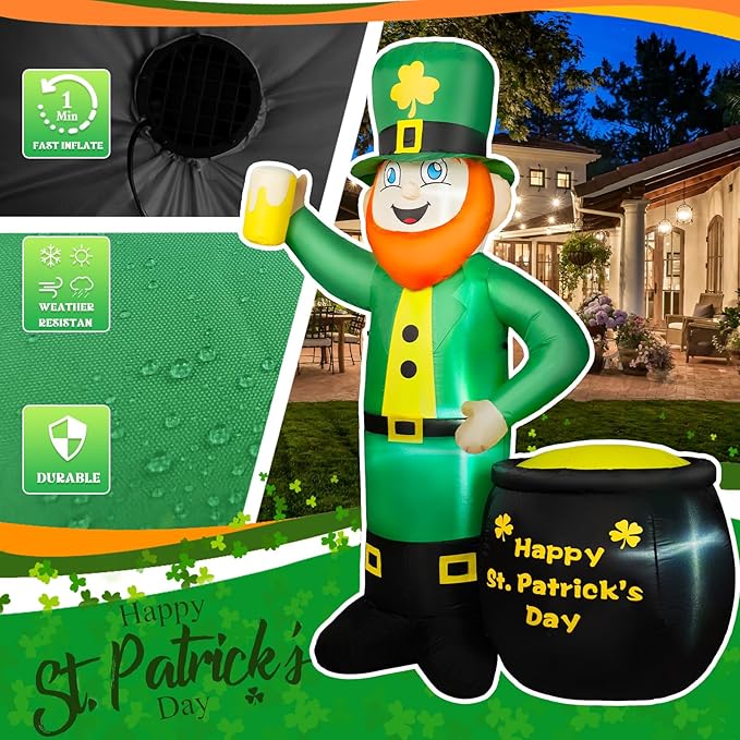 6FT St Patricks Day Inflatables Outdoor Decorations, Leprechaun Inflatable Holds Beer Cup with Pot of Gold Built-in LED Lights, St Patricks Day Decorations for Party Holiday Yard Garden Decor