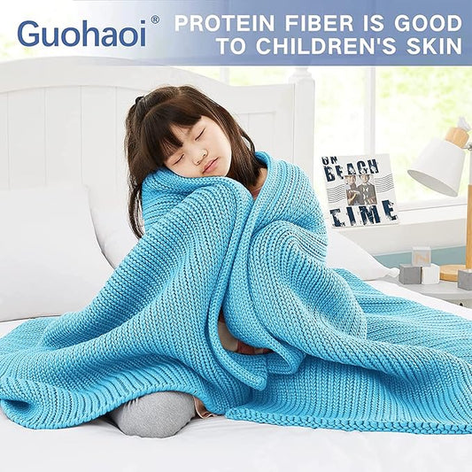 Knitted Weighted Blanket(Blue 60"x80" 15lbs),Home Décor Cooling Throw Blanket for Hot Sleepers,Hand Made Chunky Knit Heavy Blanket for Adults Use on Queen/King Size Bed