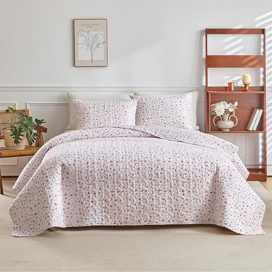 mixinni Full Queen Quilt Bedding Set with Pillow Shams, 3 Piece Boho Pink Floral Bed Coverlets for All Seasons, Soft Lightweight Microfiber Quilted Comforter Set-(90"x96", 1 Quilt+ 2 Pillow Shams)