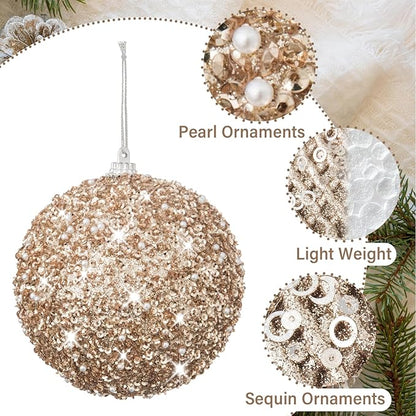 3.15" Christmas Ball Ornaments Glitter Shatterproof Christmas Tree Ornaments Sequin Xmas Hanging Balls Decorations for Wedding Party Holiday(Champagne Gold, 12pc-8cm)