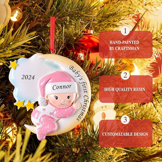 Baby Girl First Christmas Ornament - Custom Name & Date - 2024 Personalized Baby's First Christmas Ornament - Granddaughter Ornament - Keepsake