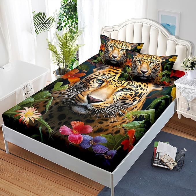 AILONEN Leopard Print Fitted Sheet Set Twin Size for Boys,Safari Cheetah Bed Sheet Set Twin, Jungle Animal Leopard Sheet Set 3 Pieces Wildlife Fitted Sheet with 2 Pillowcases