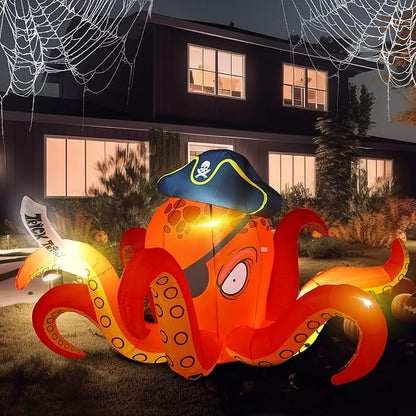 Hiboom Inflatables Giant Octopus Orange Pirate Octopus 7.2 FT Halloween Outdoor Decorations LED Light Blow up Halloween Decor for Indoor Outdoor Party Garden Lawn Decoration