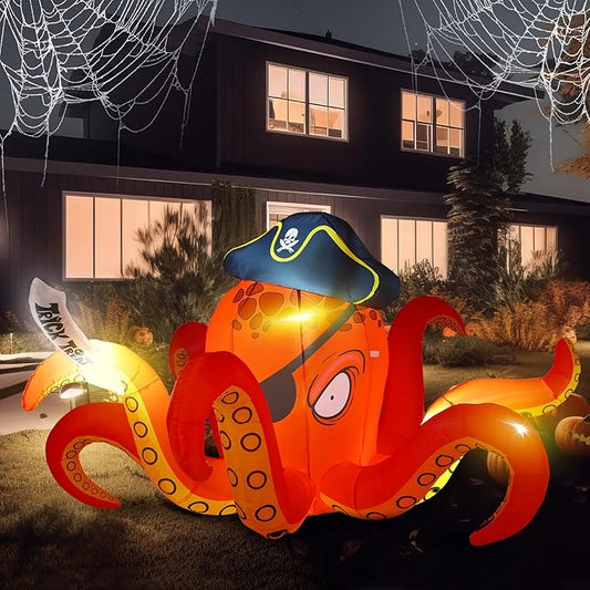 Hiboom Inflatables Giant Octopus Orange Pirate Octopus 7.2 FT Halloween Outdoor Decorations LED Light Blow up Halloween Decor for Indoor Outdoor Party Garden Lawn Decoration