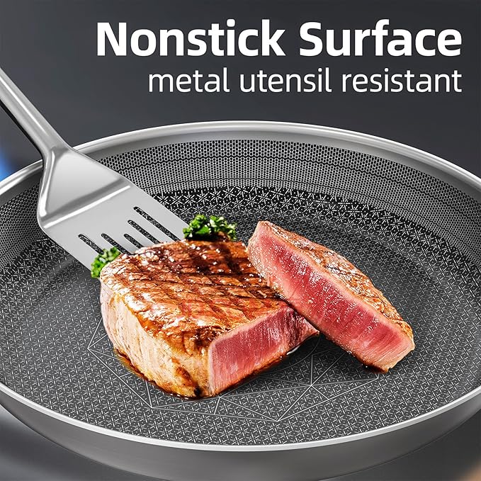 COOKER KING Non-toxic Frying Pans Set of 3 (8+10+12 Inch), Tri Ply Stainless Steel Pans, Induction Pan Set, Chef's Pan, Skillets Dishwasher & Oven Safe, Stay-Cool Handles, Compatible with All Cooktops