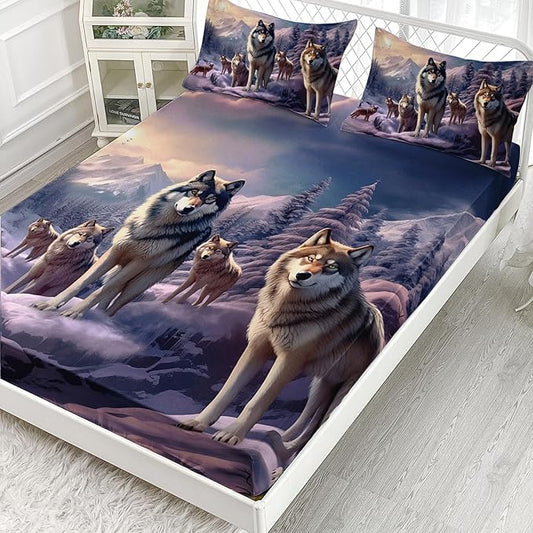 AILONEN Snow Wolf Fitted Sheet Set Twin XL Size, Winter Sunset Wildlife Wolf Bed Sheet Set for Boys Girls Adults,Safari Wolves Print Fitted Sheet with 2 Pillowcases,3 Pieces