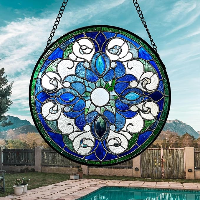Stained Glass Window Hanging, Boho Style Sun Catchers Diamond Glass Panel Hangings Tiffany Suncatcher Decor for Birthday for Women, Men, Wife, Aunt, and Mom 14.9x14.9 in