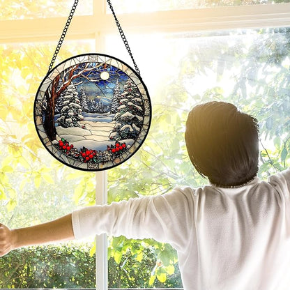 Stained Glass Window Hanging Christmas Tree Winter Snow Night Scenery 7.8" - Suncatcher Door Garden Kitchen Sun Catcher Home Decor Birthday for Mom Men Woman Friend