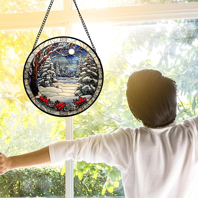 Stained Glass Window Hanging Christmas Tree Winter Snow Night Scenery Large 11.8" - Suncatcher Door Garden Kitchen Sun Catcher Home Decor Birthday for Mom Men Woman Friend