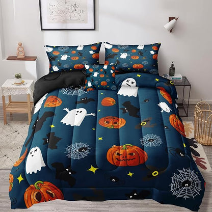 Bedbay Halloween Comforter Set Queen Size Halloween Bedding Set Full Cute Ghost Pumpkin Printed Blue Halloween Bedding 4-Piece with 1 Cushion Cover (Blue,Queen)