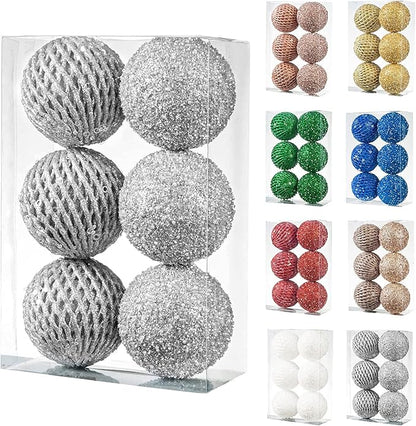 6pcs 3.94" Christmas Ball Ornaments Glitter Shatterproof Christmas Tree Ornaments Sequin Xmas Hanging Balls Decorations for Wedding Party Holiday(Silver, 6pc-10cm)