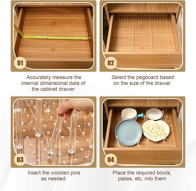 Kigley 3 Pcs Acrylic Pegboard Drawer Organizer with 32 Pegs - 16 x 5.91 in Clear Peg Board System - Drawer Organizers for Dishes, Food Containers, Cookware, Utensils - Kitchen