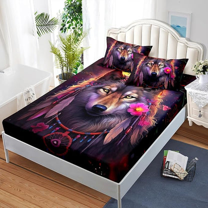 AILONEN Wolf Dream Catcher Fitted Sheet Set Queen Size, Wildlife Wolf Bed Sheet Set,Safari Animal Moon Wolf Fitted Sheet and 2 Pillowcases,3 Pieces(Boys/Men/Kids/Teens)