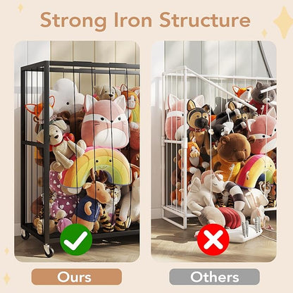BBLIKE Stuffed Animal Storage Tower Rolling Cart - Zoo Cage Organizer for Kids' Plush Toys - Extra Large Storage Holder for Stuffy, Plushies & More in Playroom or Bedroom, 214L, Black