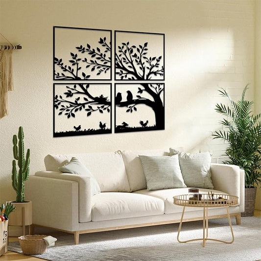 ruelen Wall Decor 4 Pieces Metal Birds and Branch Wall Art, Tree of Life Metal Wall Art, Black Leaves with Birds Silhouette Hanging Wall Sculpture For Indoor Home Bedroom Living Room Office Outdoor