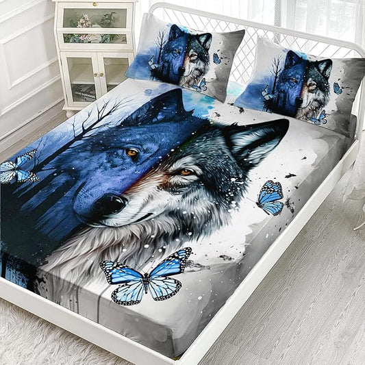 AILONEN Wolf Fitted Sheet Set Full Size Tie Dye Wolf Sheet Set for Boys Girls,Animal Wolf Wildlife Bed Sheet with 2 Pillowcases,3 Pieces Watercolor Wolf Print Bed Sheet Set