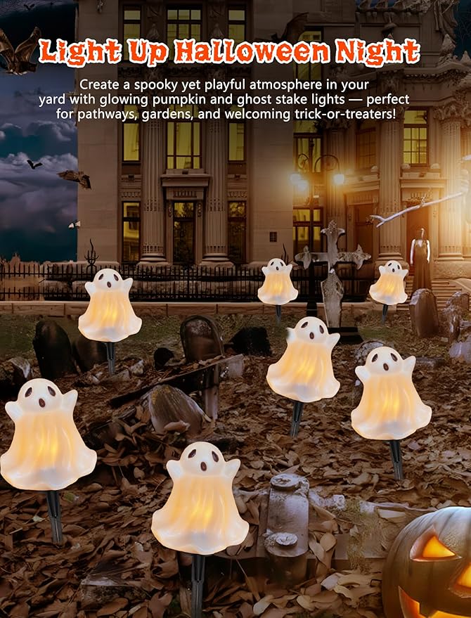 Halloween Pathway Lights Outdoor Decorations, 4PCS 3D Light-Up Ghost Garden Stake Lights, Waterproof Outdoor Lights for Yard, Lawn, Driveway, Halloween Decor
