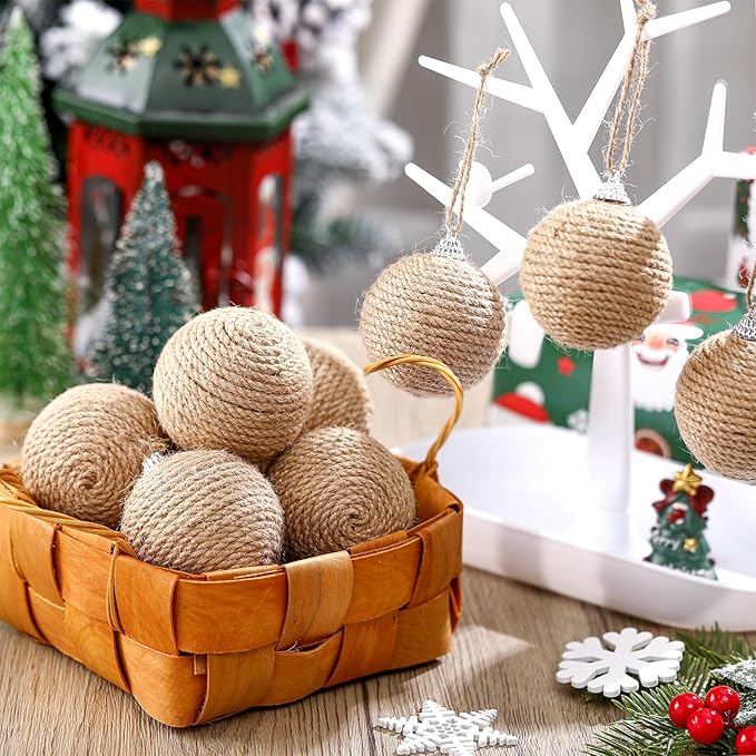 Syhood 9 Pcs 2.36 Inch Christmas Ball Ornaments Boho Farmhouse Jute Rope Hanging Balls Burlap Neutral Rustic Ornaments for Xmas Tree Holiday Wreath Garland Wedding Home(Linen)