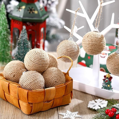 Syhood 9 Pcs 2.36 Inch Christmas Ball Ornaments Boho Farmhouse Jute Rope Hanging Balls Burlap Neutral Rustic Ornaments for Xmas Tree Holiday Wreath Garland Wedding Home(Linen)