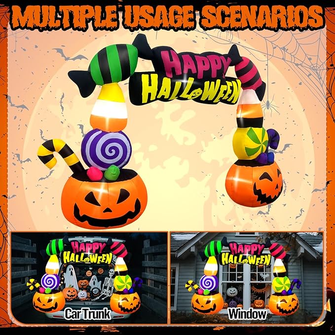 Kalolary 6FT Height Halloween Inflatables Trunk or Treat Car Decorations, Candy Pumpkin Arch Blow up Decorations with Built-in LED Lights Up for Halloween Party Lawn Yard SUV Car Luggage Decor