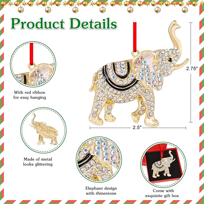 WhatSign Elephant Ornament for Christmas Tree - Metal Cute Elephant Party Decorations Hanging Ornament Keepsake Gifts for Kids Girls