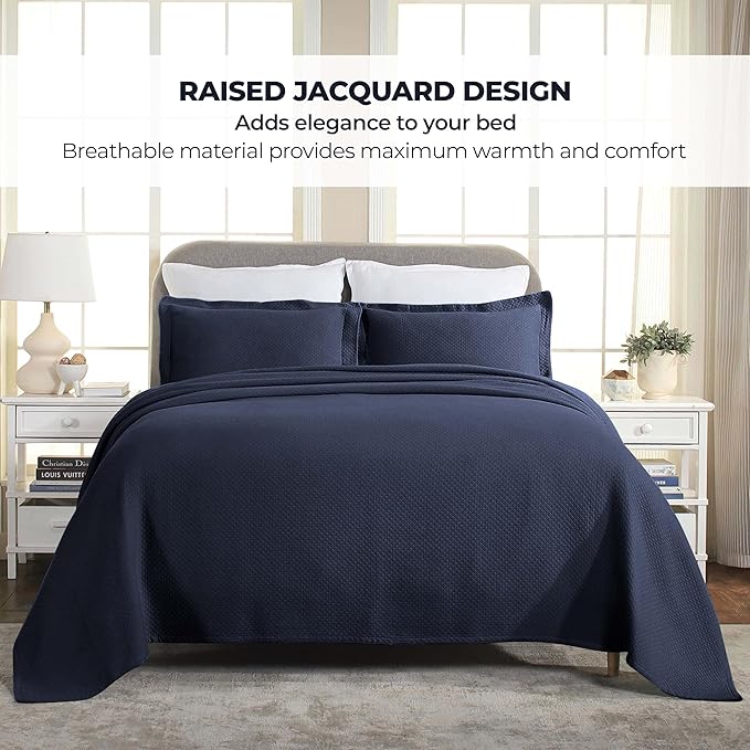 Superior Solitaire Cotton 3 Piece Bedspread Set, Home Bed Decor, Decorative Textured Bed Spread, 2 Pillow Shams, Airy Blanket, Matelasse Coverlet Bedding, All-Season Accent Blanket, King, Navy Blue