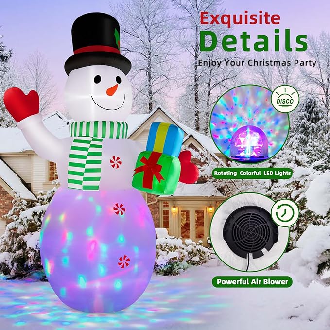 12FT Christmas Inflatables Snowman Outdoor Decorations, Giant Christmas Blow Up Snowman Inflatable Christmas Decorations with Rotating Colorful LED Light for Holiday Party Garden Yard Decor