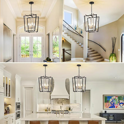 4-Light Silver Chandelier, Farmhouse Lantern Pendant Lighting Fixtures, Industrial Ceiling Light, Adjustable Height Rustic Geometric Hanging Chandelier for Kitchen Island,Entryway,Foyer,E12 Socket