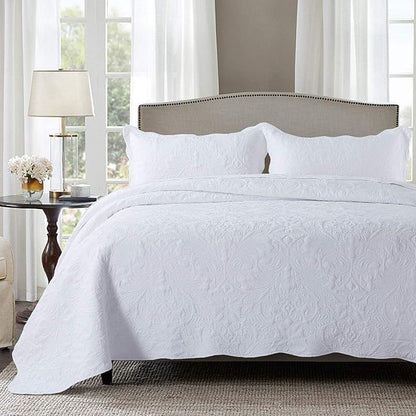 HoneiLife Quilt Set King Size - 3 Piece Embroidered Microfiber Bedspread Reversible Coverlet Lightweight Bedcover Paisley Pattern Bedding Set All Season Quilts-White