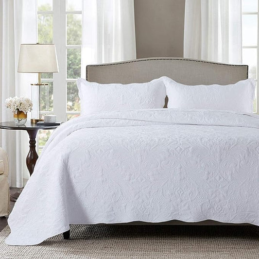 HoneiLife Quilt Set King Size - 3 Piece Embroidered Microfiber Bedspread Reversible Coverlet Lightweight Bedcover Paisley Pattern Bedding Set All Season Quilts-White