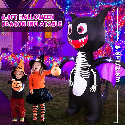 6.8FT Halloween Inflatables Outdoor Decorations – Lighted Skeleton Dinosaur Blow Up Yard Decor with LED Lights, Spooky Halloween Dinosaur for Lawn Porch Trick or Treat Party Display