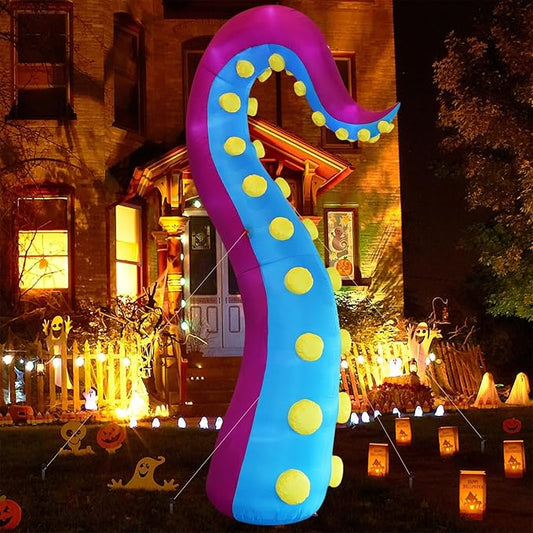Juegoal 1 PCS Halloween Decorations 11.5FT Tall Inflatable Lighted Giant Octopus Tentacle, Octopus Legs with Lights, Halloween Front Door Window Roof Prop, Outdoor Holiday Blow up Decor - Mold B