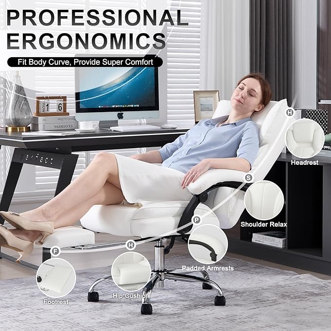 Big and Tall Office Chair, Ergonomic Leather High Back Executive Computer Chair with Retractable Footrest, Adjustable Headrest, Padded Arms, 360°Swivel Free, 90-135°Reclining, 500lbs Wide Seat, White