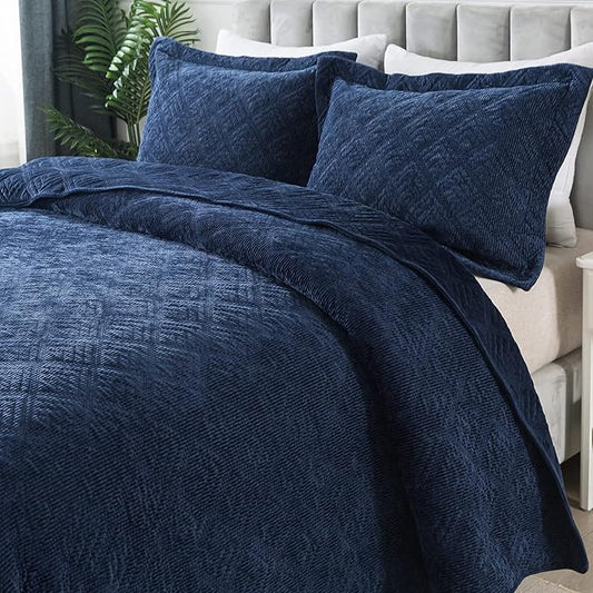 HoneiLife King Quilt Bedding Set - 3 Pieces Corduroy Quilt Sets Double Faced Velvet Bedspreads Super Soft Coverlets Reversible Bed Cover Autumn & Winter Bedding Set All Season Quilts-Navy Blue