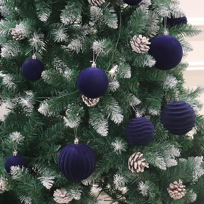 Senjie 4inch Christmas Tree Ornaments Velvet Balls,9PCS Flocked Decoration Balls Ornaments Sets for Christmas 2025 Navy Blue