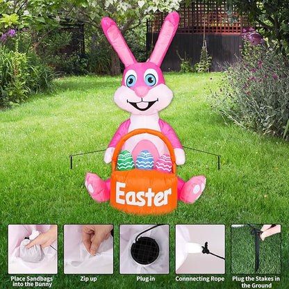4FT Easter Inflatable Bunny with Egg Blow up Outdoor Yard Decorations - Built-in LED Lights for Easter, Holiday, Party, Yard, Garden, Lawn