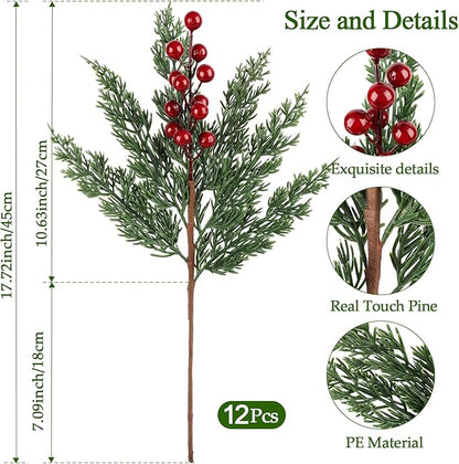 12Pcs/84Pcs Christmas Artificial Pine Branches with Red Berry Stems, 18‘’ Faux Evergreen Christmas Tree Picks, Cedar Cypress Leaves Stems for Xmas Decorations Indoor DIY Craft Garland Home Decor