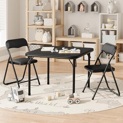 IDEALHOUSE Boys and Girls Folding Table and Chairs Set of 3, Portable Table and Chair with Pu Soft Cushion,Suitable for Eating,Reading and Playing