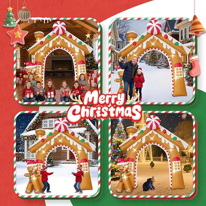 10FT Christmas Inflatable Archway Outdoor Decorations, Giant Blow Up Gingerbread House and Man Arch Yard Decoration, Xmas Decor Build-in LED Lights for Garden Lawn Yard Porch Holiday Party