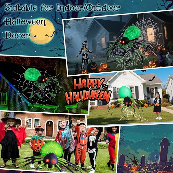 8FT Wide Halloween Inflatable Outdoor Decoration, Green Spider Inflatable Halloween Decorations Built-in Rotating Green Lights Blow up Spider Decorations for Holiday Party Yard Garden