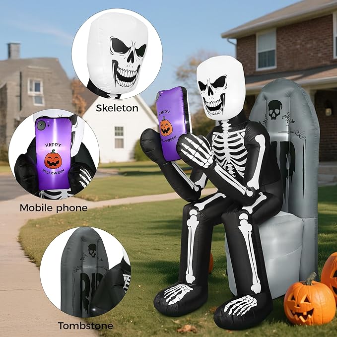 BLOOMWIN 6.1 FT Halloween Inflatable Outdoor Decoration Skeleton & Tombstone Halloween Inflatable Blow Up Yard Decorations with LEDs for Halloween Holiday Party Outdoor Garden Yard Lawn Indoor Decor