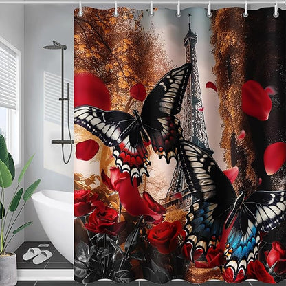 AILONEN Butterfly Shower Curtain for Bathroom,Romantic Red Rose Flower Butterfly Bath Curtain 60" W*72" H,Retro Eiffel Tower Decoration Waterproof Bathroom Curtain with 12 Plastic Hooks