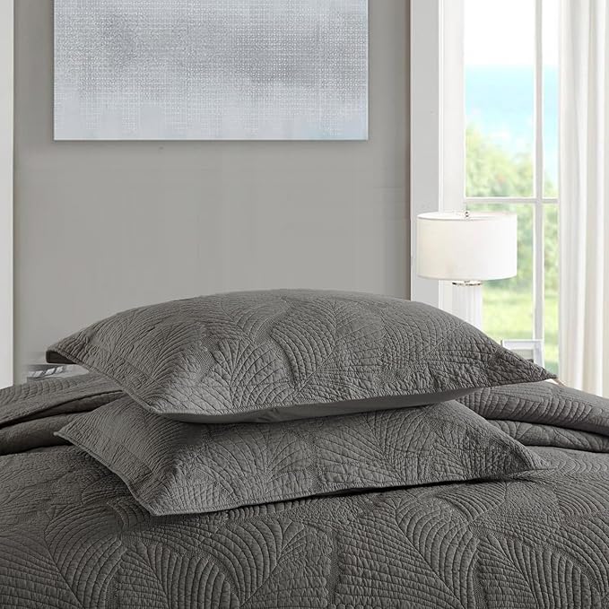 mixinni Grey Palm Tree Pattern Soft Cotton Quilt Set for Him and Her-King Size