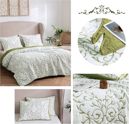 mixinni Reversible 3-Piece Green Embroidery Pattern Elegant Cotton Quilt Set with Embroidered Decorative Shams Soft Bedspread&Coverlet Set-King Size