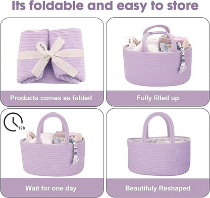 Baby Diaper Caddy Organizer Cotton Rope Nursery Storage Bin Basket Portable Holder Tote Bag for Changing Table Car Travel Baby Shower Gifts Newborn Essentials Registry Must Have Purple or Lavender