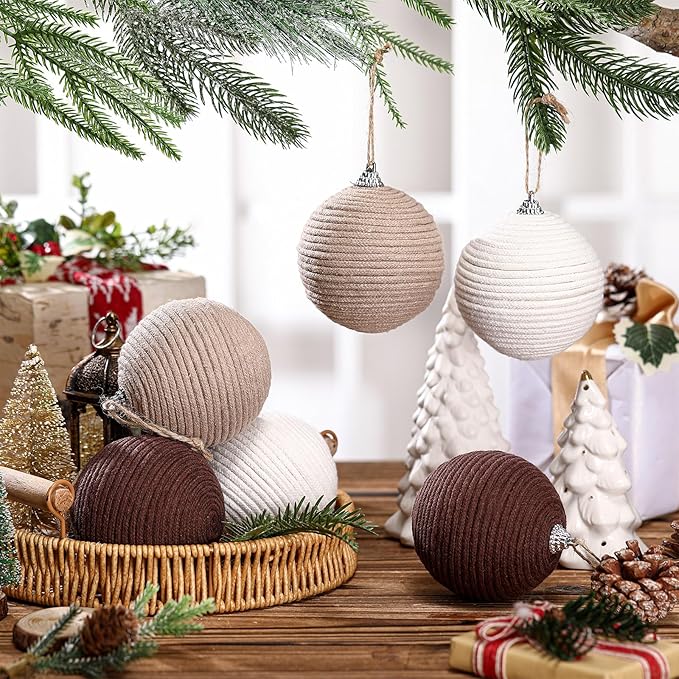 Syhood 6pcs Christmas Ball Ornaments Boho Farmhouse Jute Rope Hanging Xmas Balls Burlap Neutral Rustic Ornaments for Xmas Tree Holiday Wreath Garland (3.15 Inches,White,Beige,Dark Brown)